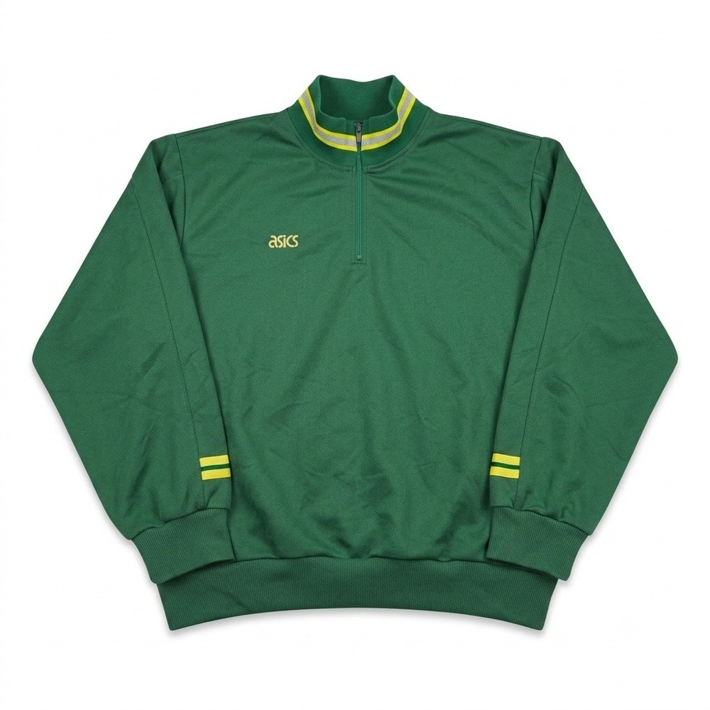 Vintage Asics 1/4 Zip Pullover Track Jacket Green Yellow Men's‎ Size O JASPO XL